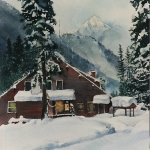 Kristen Gilje, Dininghall in Snow, watercolor 15x11 inches