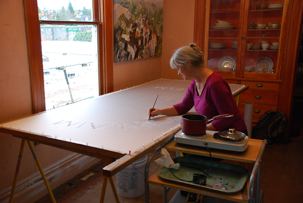 Kristen Gilje applying wax to lettering Kristen Gilje applying wax to lettering