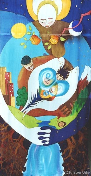 Kristen Gilje, God Embraces All, 9 ft x 55 in., hand painted silk, 2004