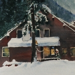 Kristen Gilje, Dininghall in Snow, watercolor 15x11 inches